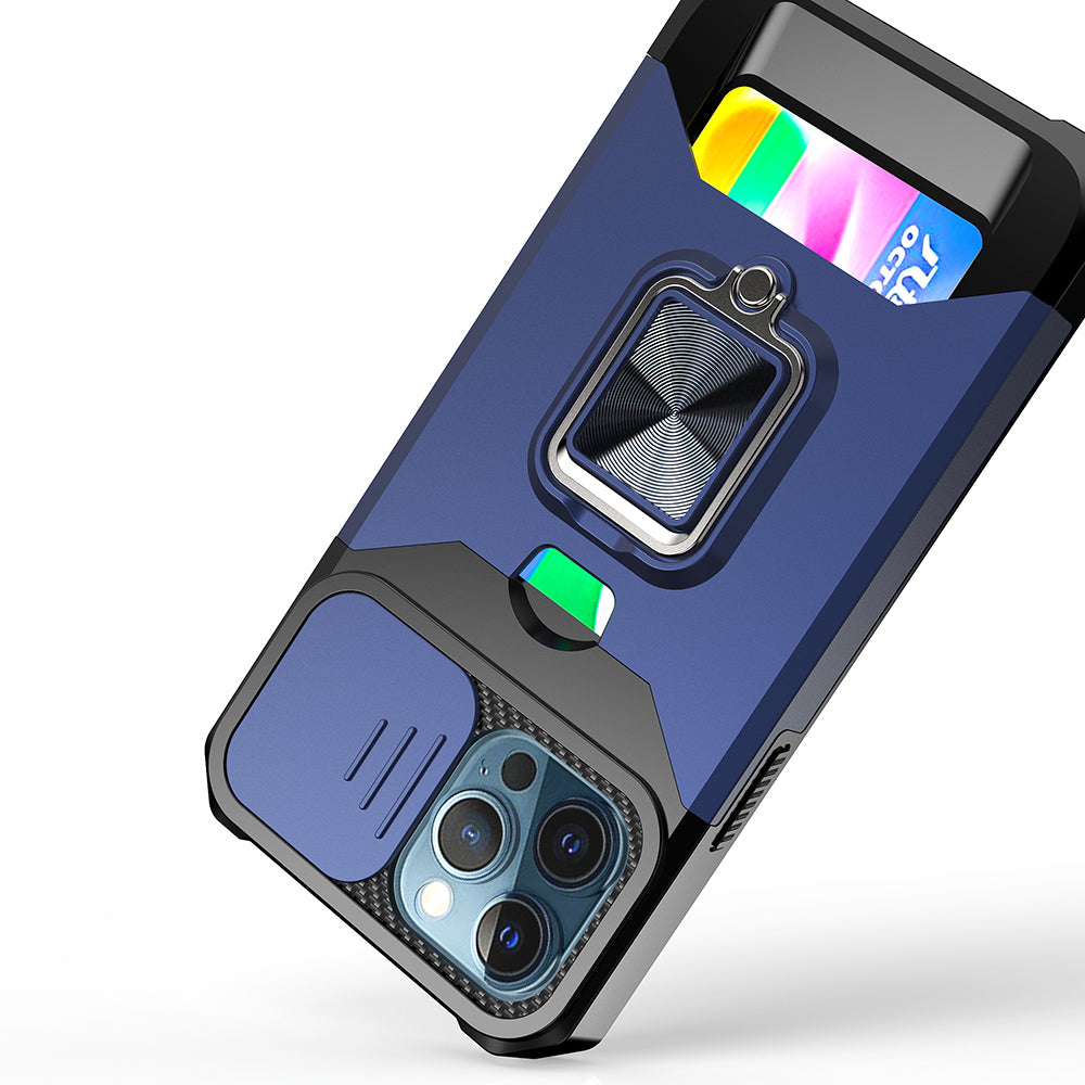 For Apple iPhone 13 Pro Max (6.7") Wallet Case with Ring Stand & Slide Camera Cover Credit Card Slot Holder, Military Grade Blue Phone Case Cover