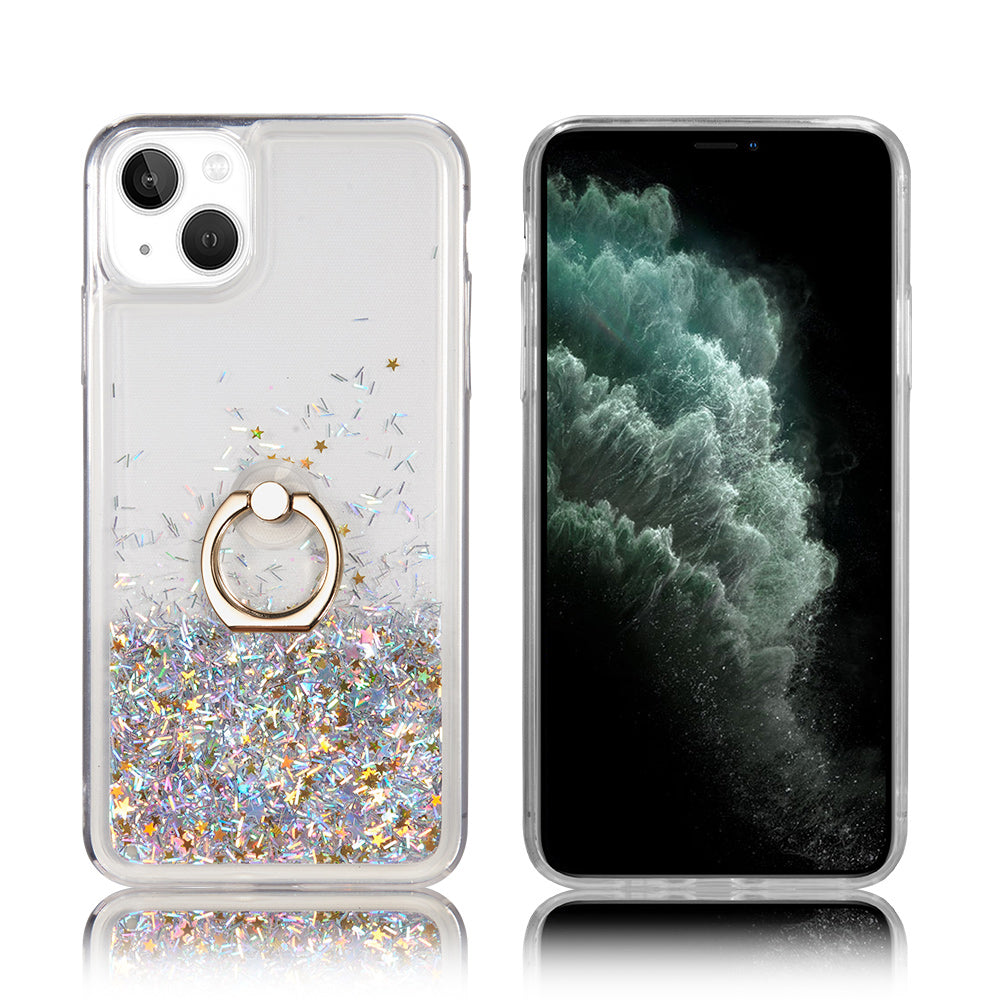 For Apple iPhone 14 /Plus Pro Max Hybrid Glitter Bling Sparkling Liquid Quicksand Sparkle TPU PC with Ring Stand Holder  Phone Case Cover
