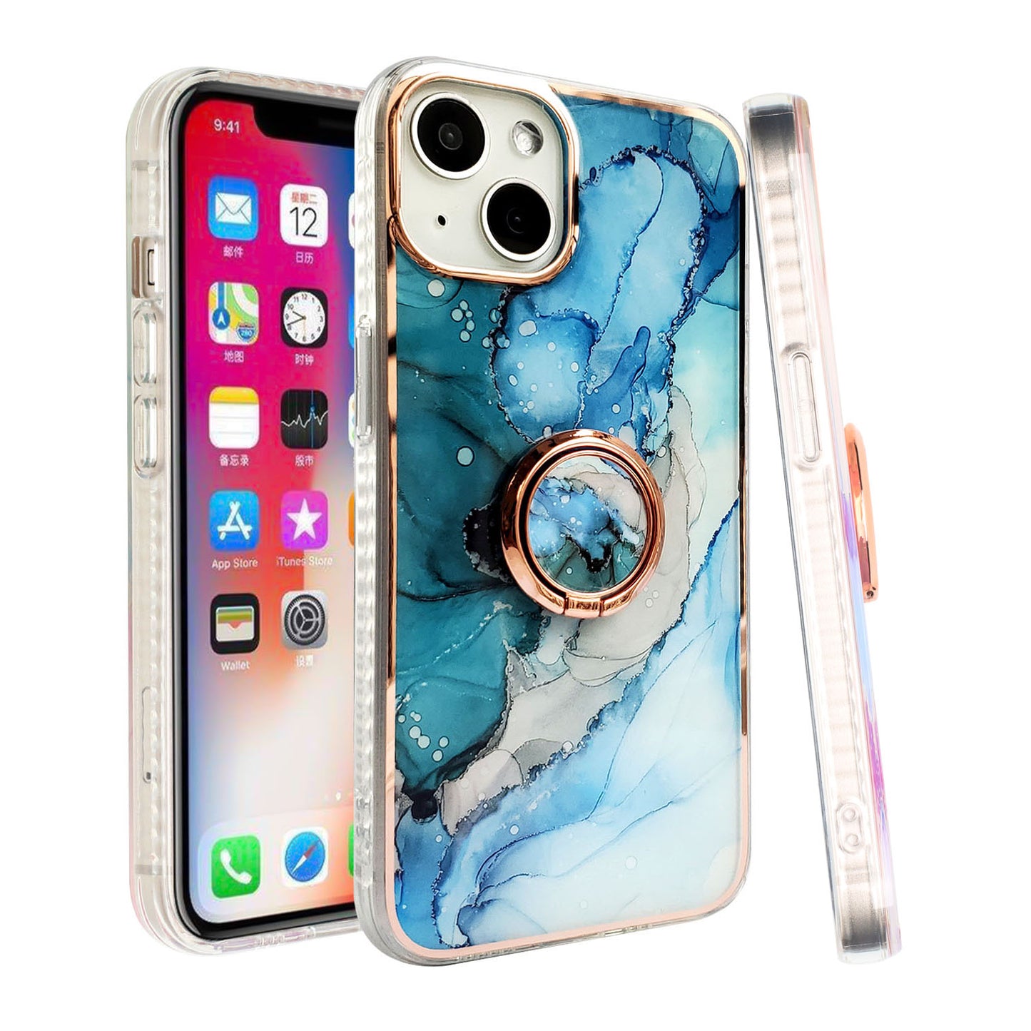 For Apple iPhone 14 (6.1") Pattern Fashion Design Chromed Edge IMD with Ring Kickstand Hybrid TPU Hard Back  Phone Case Cover