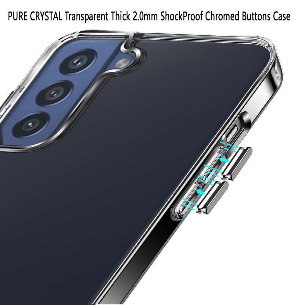 For Samsung Galaxy S21 FE /Fan Edition Hybrid HD Crystal Clear Hard PC Back Gummy TPU Frame Slim Fit Thick with Chromed Buttons Transparent Phone Case Cover