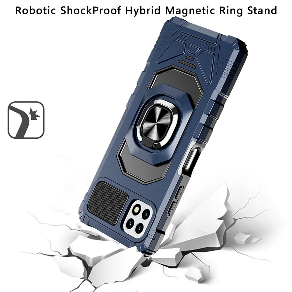 For Samsung Galaxy A03S Hybrid Dual Layer with Rotate Magnetic Ring Stand Holder Kickstand, Rugged Shockproof Protective Blue Phone Case Cover