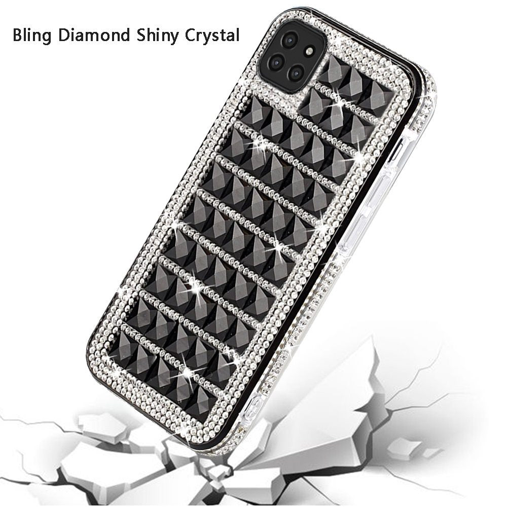 For Boost Mobile Celero 5G Fashion Luxury 3D Bling Diamonds Rhinestone Jeweled Shiny Crystal Hybrid TPU + PC Bumper Hard Black Phone Case Cover