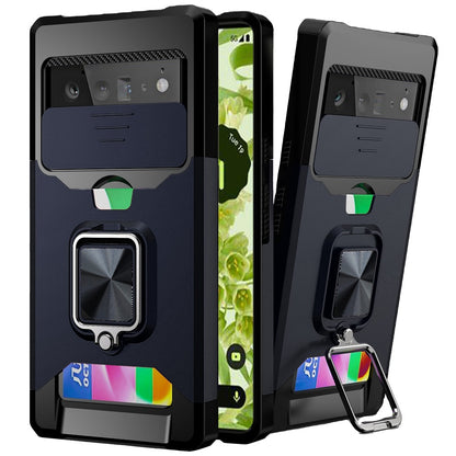 For Google Pixel 6 /6 Pro Wallet Case with Ring Stand & Slide Camera Cover Credit Card Holder, Military Grade Hard Shockproof Protective  Phone Case Cover