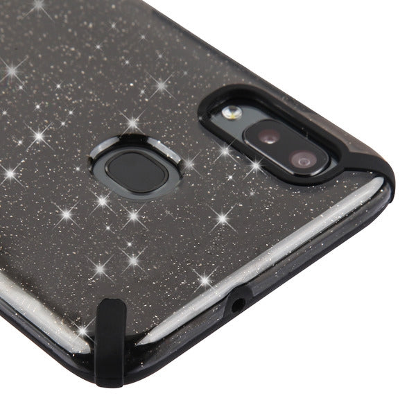 For Samsung Galaxy A20 Slim Fit Hybrid Dual Layer Shockproof Hard TPU Glitter Bling Design Black Phone Case Cover
