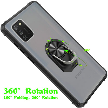 For Samsung Galaxy A02S Clear Silicone Shockproof Tuff Hybrid Protection Cover Transparent TPU with Magnetic Ring Kickstand Black Phone Case Cover