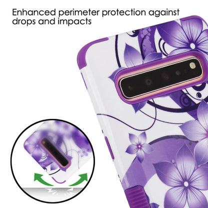 For Samsung Galaxy S10 5G (6.7") Hybrid Three Layer Hard PC Shockproof Heavy Duty TPU Rubber Anti-Drop Purple Hibiscus Phone Case Cover