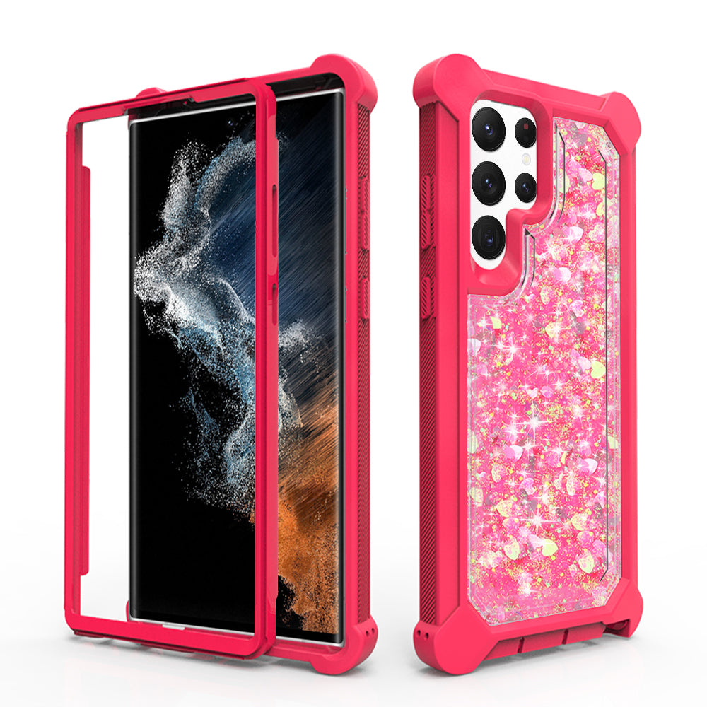For Samsung Galaxy S22 Ultra Luxury Liquid Glitter 3in1 Sparkle Bling Quicksand Clear Heavy Duty Bumper PC Frame TPU Back  Phone Case Cover