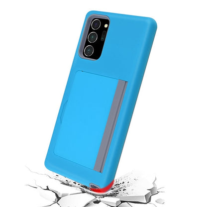 For Samsung Galaxy Note 20 (6.4") Credit Card Wallet Back Storage Invisible Pocket Dual Layer Hard PC TPU Hybrid Protective Blue Phone Case Cover