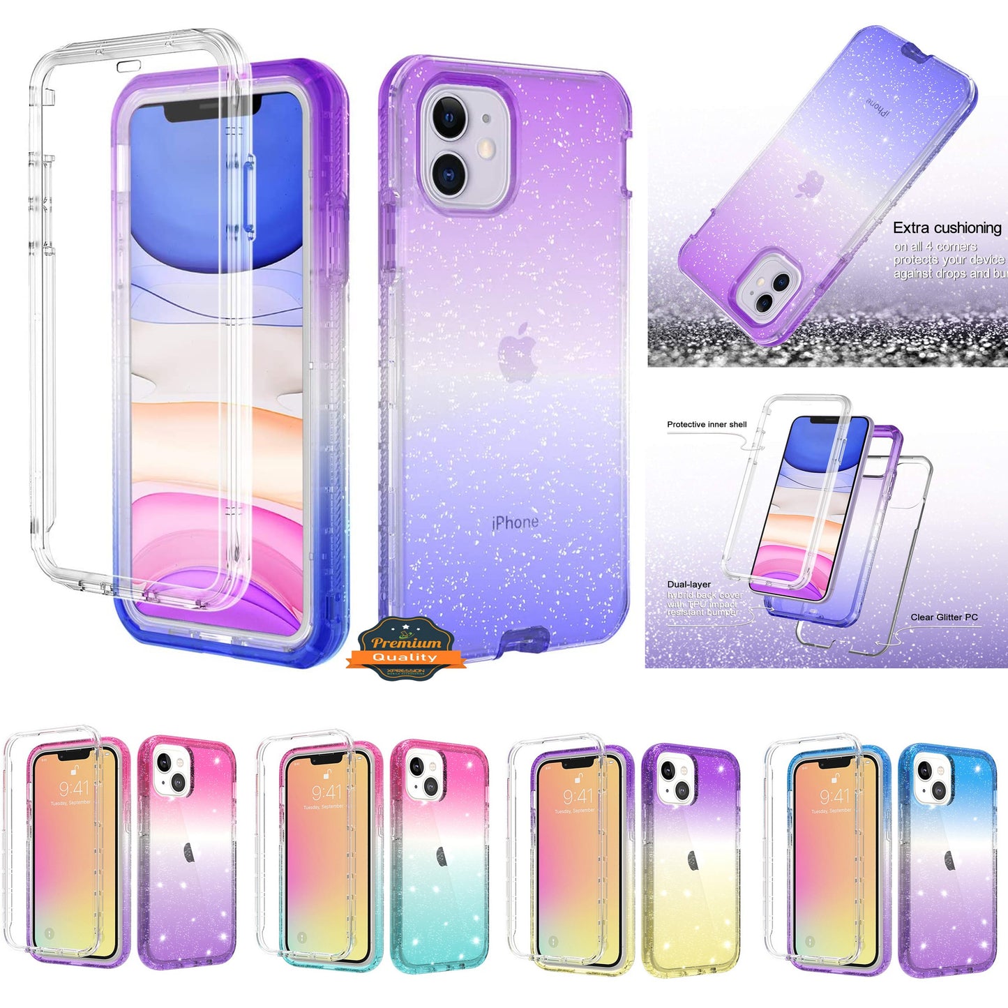 For Apple iPhone 13 Pro (6.1") Clear Gradient Glitter Bling Sparkly Hybrid Hard PC Soft TPU Bumper and Front Frame Drop Protective  Phone Case Cover
