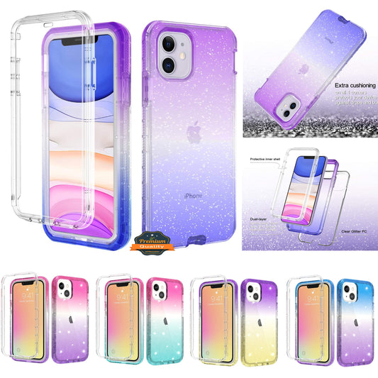 For Apple iPhone 13 Pro (6.1") Clear Gradient Glitter Bling Sparkly Hybrid Hard PC Soft TPU Bumper and Front Frame Drop Protective  Phone Case Cover