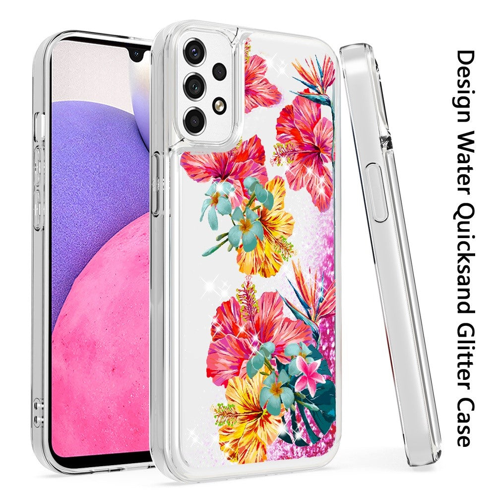 For Samsung Galaxy A33 5G Floral Design Quicksand Water Liquid Floating Sparkle Colorful Glitter Bling Flower Fashion Hybrid  Phone Case Cover