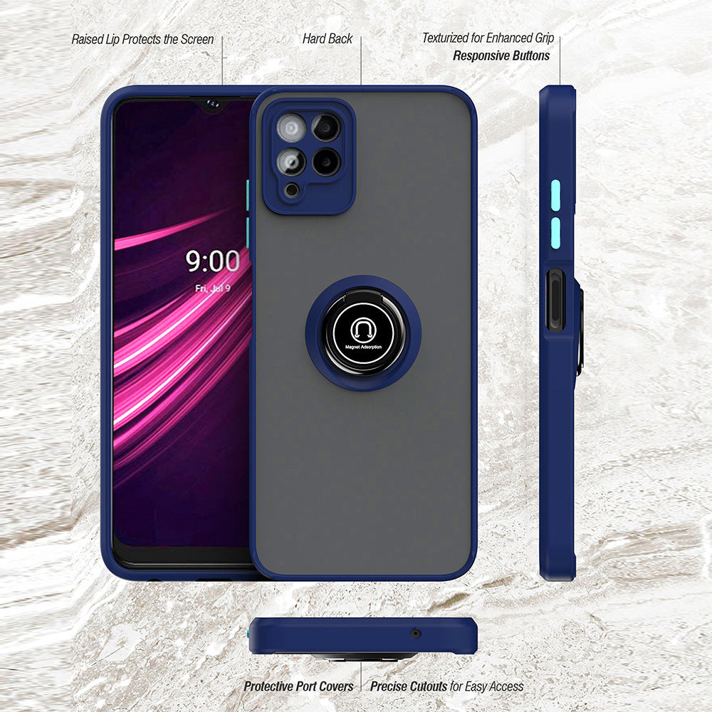 For T-Mobile Revvl 6 Pro 5G Hybrid Frosted Matte Hard Back PC + TPU Frame with Magnetic Ring Holder Stand Kickstand Black Phone Case Cover