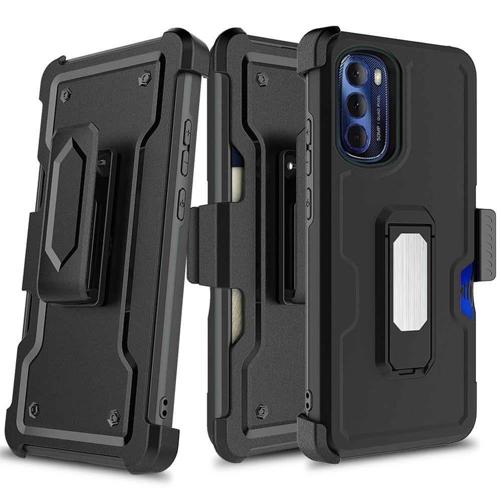 For Motorola Moto G 5G 2022 Armor Belt Clip with Credit Card Holder ID Slot, Holster, Kickstand Full Body Heavy Duty Hybrid  Phone Case Cover