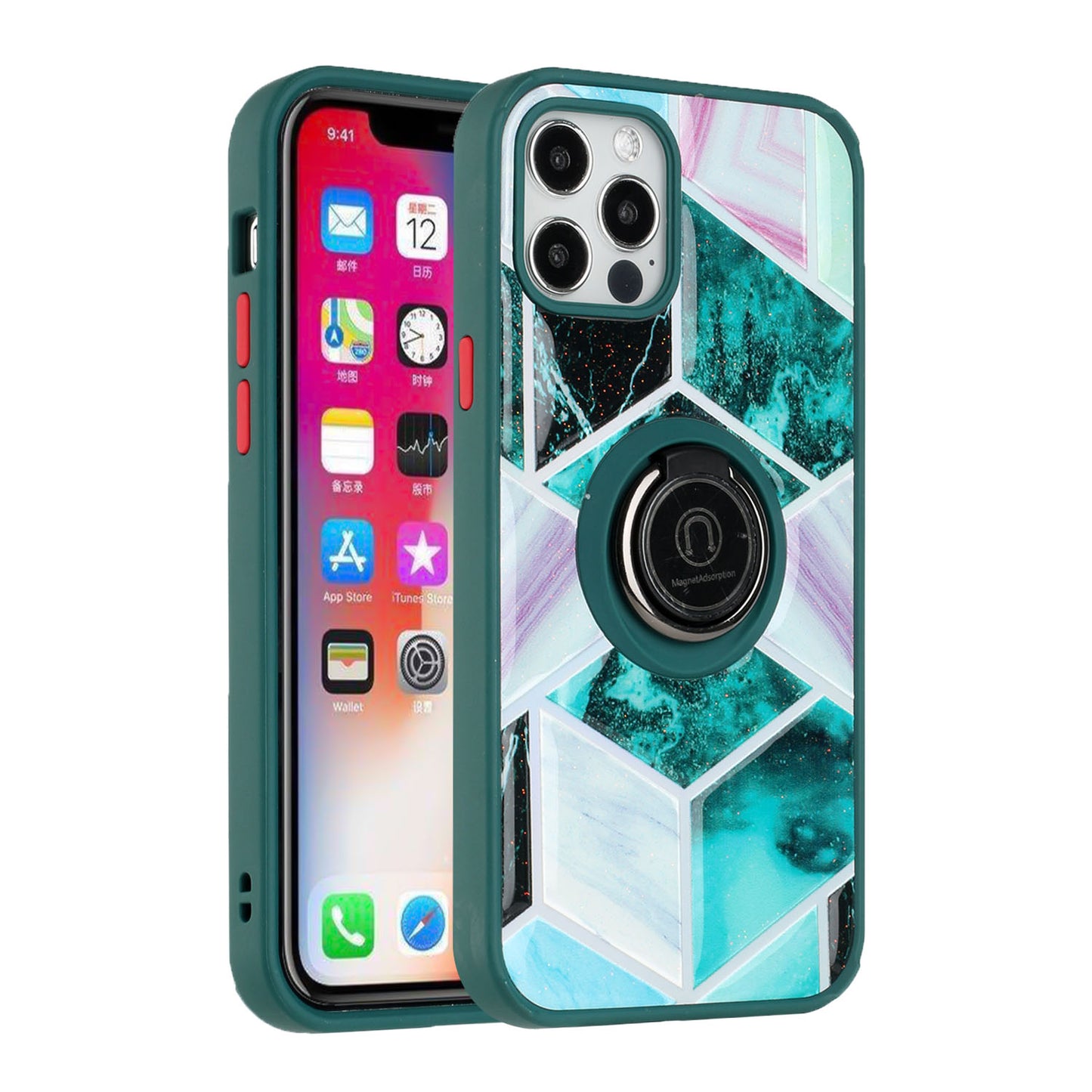 For Apple iPhone 11 (6.1") Marble Pattern Design with Magnetic Ring Kickstand Hybrid Hard Back Shockproof  Phone Case Cover