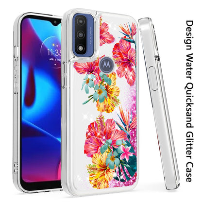 For Motorola Moto G Pure Floral Design Quicksand Water Flowing Liquid Floating Sparkle Glitter Bling Flower Fashion Hybrid Hard  Phone Case Cover