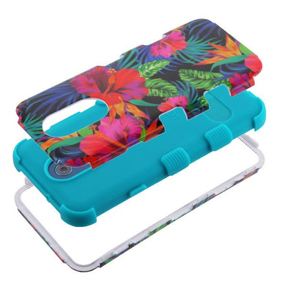 For LG Q7, LG Q7+ Floral Design Hybrid Three Layer Hard PC Shockproof Heavy Duty TPU Rubber Anti-Drop Hibiscus Tropical Flower Phone Case Cover