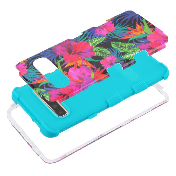 For Samsung Galaxy S10 5G (6.7") Hybrid Three Layer Hard PC Shockproof Heavy Duty TPU Rubber Anti-Drop Hibiscus Tropical Flowers Phone Case Cover