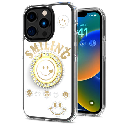 For Apple iPhone 12 Pro Max (6.7") Smiling Glitter Ornament Bling Sparkle with Ring Stand Hybrid TPU + Hard Back Shell  Phone Case Cover