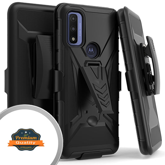 For Motorola Moto G Pure Hybrid Belt Clip Holster with Built-in Kickstand, Heavy Duty Protective Shock Absorption Armor Defender Black Phone Case Cover