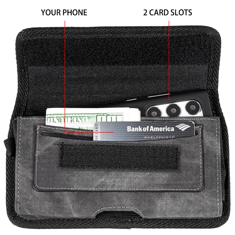For Samsung Galaxy A52 5G Universal Horizontal Cell Phone Case Fabric Holster Carrying Pouch with Belt Clip and 2 Card Slots fit Large Devices 6.3" [Black Denim]