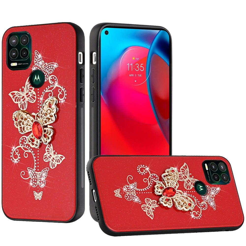For Samsung Galaxy S21 Plus 3D Diamond Bling Sparkly Glitter Ornaments Engraving Hybrid Metal Fashion Red Garden Butterflies Phone Case Cover