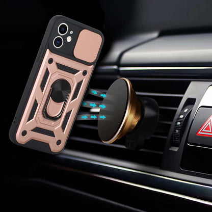 For Motorola Moto G 5G 2022 Hybrid Ring Holder Kickstand with Slide Camera Lens Cover, Rugged Dual Layer Heavy Duty Rose Gold Phone Case Cover