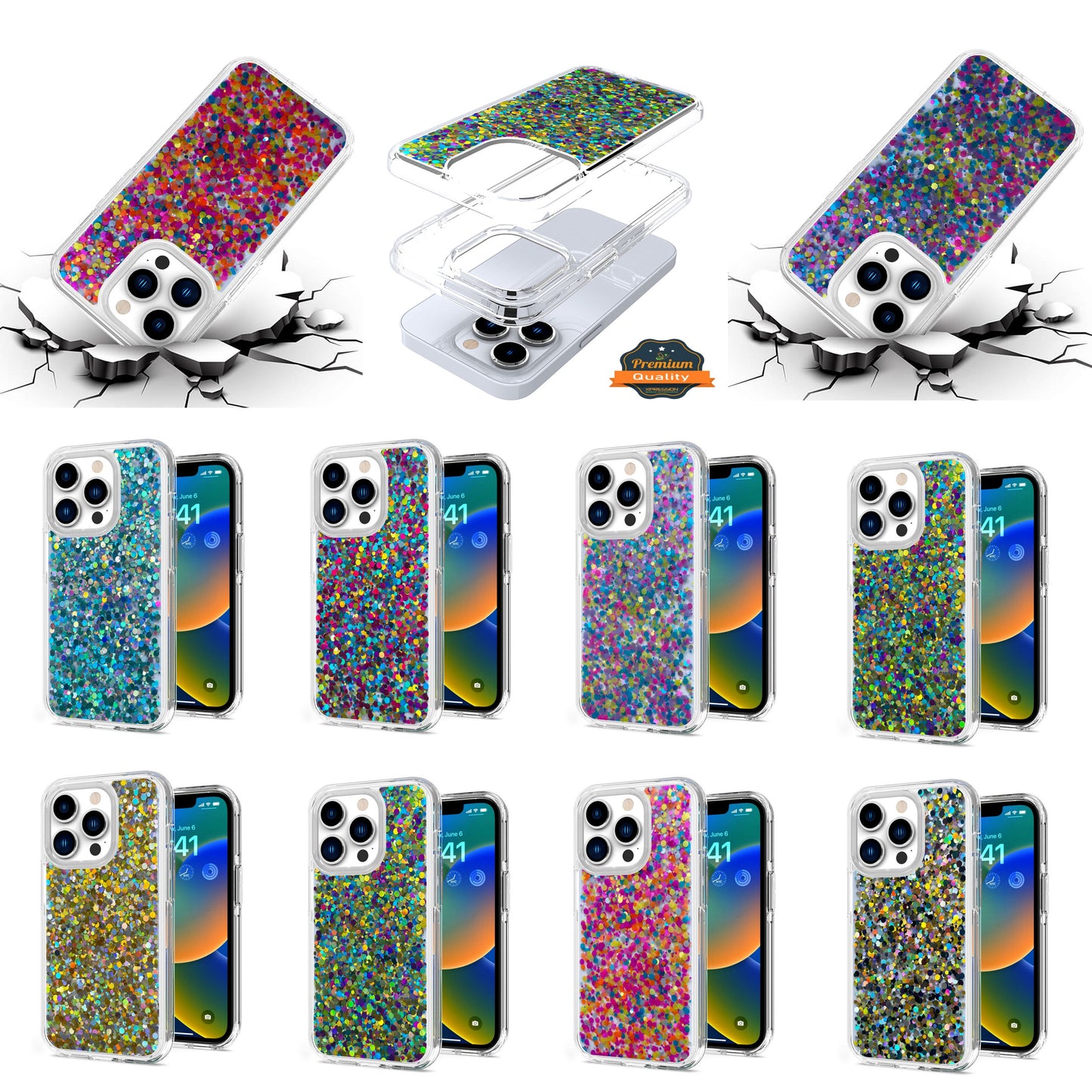 For Apple iPhone 11 (6.1") Colorful Glitter Bling Sparkle Epoxy Glittering Shining Hybrid Hard PC Silicone Shockproof  Phone Case Cover