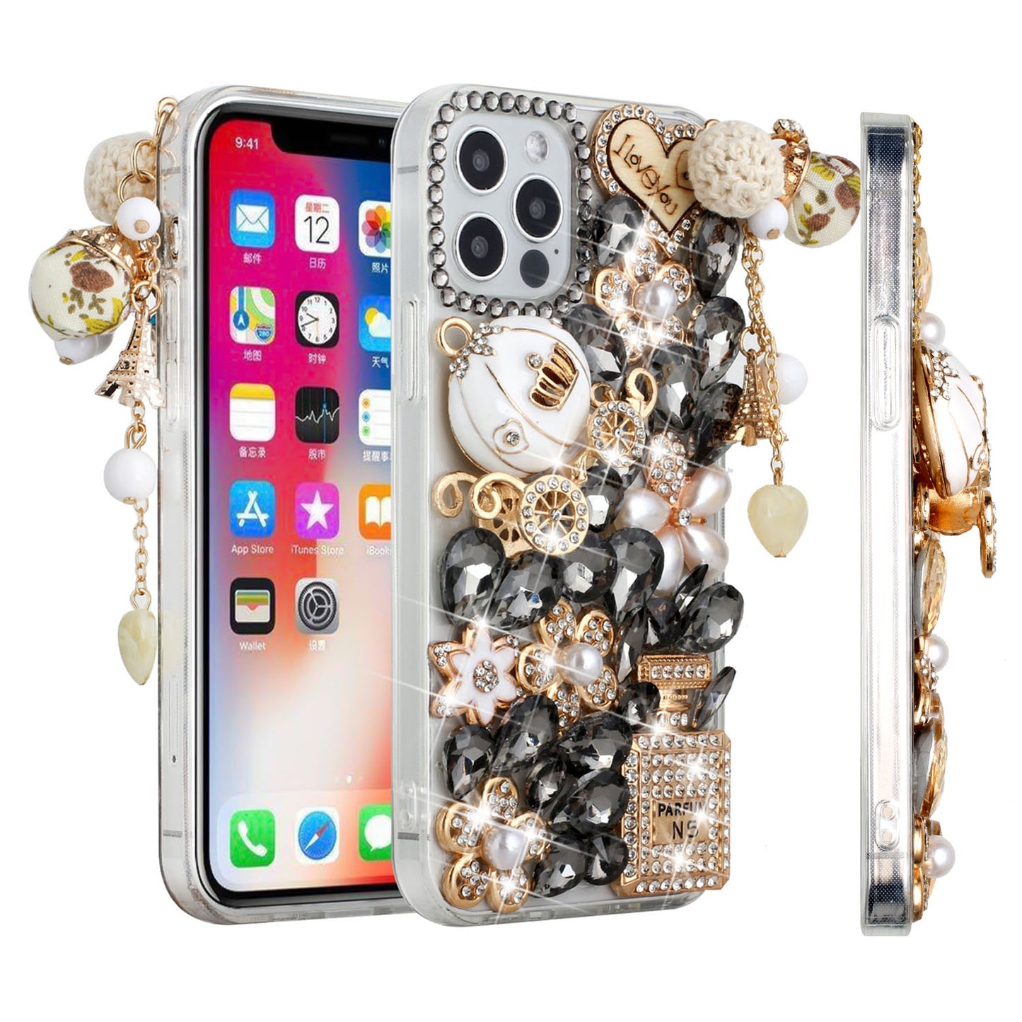 For Apple iPhone 12 /12 Pro (6.1") Bling Crystal 3D Full Diamonds Pearl Luxury Sparkle Rhinestone Glitter Hybrid Ultimate Multi Ornament Black Phone Case Cover