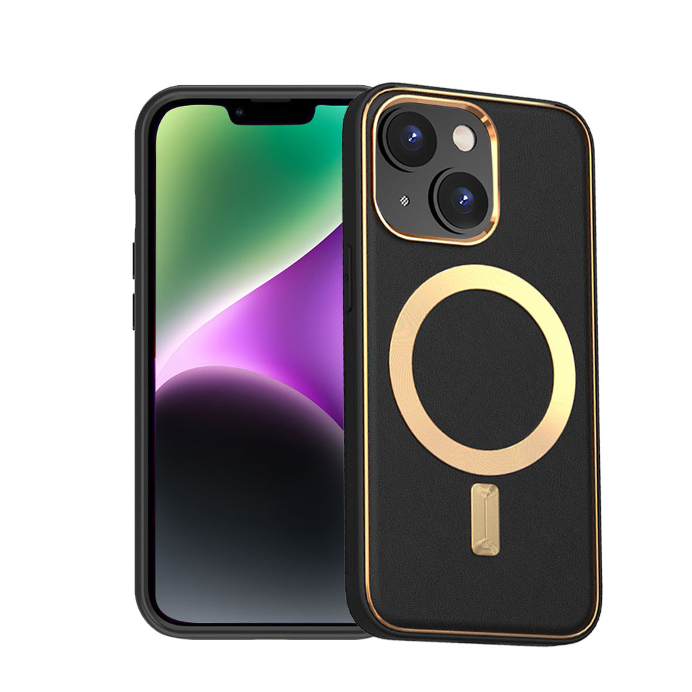 For Apple iPhone 14 /Plus Pro Max PU Leather MagSafe Compatible with Gold Trim & Raised Camera Protection Hybrid  Phone Case Cover