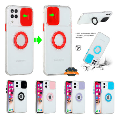 For Apple iPhone 13 Mini (5.4") Transparent Cases with Ring Stand & Camera Window, Slide Lens Protection Hybrid Shockproof  Phone Case Cover