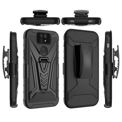 For Cricket Ovation 2 Premium 3 in 1 Rugged Swivel Belt Clip Holster Heavy Duty Tuff Hybrid Armor Rubber TPU with Kickstand Stand Black Phone Case Cover