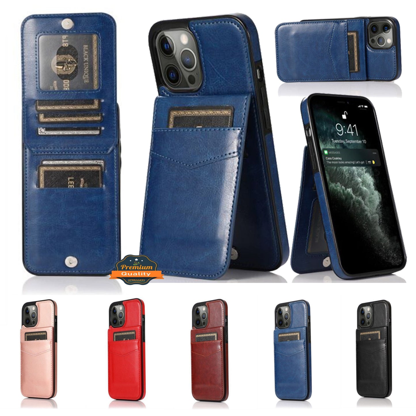 For Apple iPhone 13 Pro Max Wallet Case with Credit Card Holder Vertical Leather Kickstand Magnetic Buttons Flip Pouch  Phone Case Cover