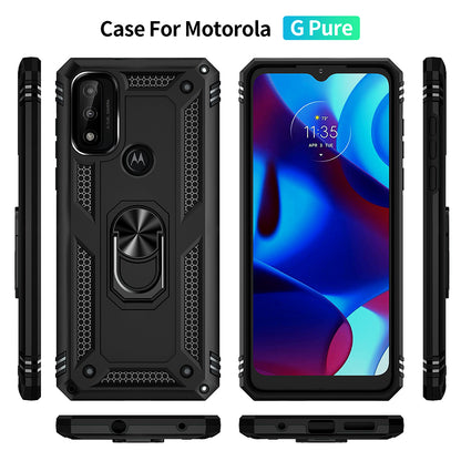 For Motorola Moto G Pure Military Grade Heavy Duty Armor Protection Hybrid with Rotating Metal Ring Kickstand Finger Loop Stand  Phone Case Cover