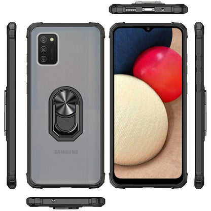 For Samsung Galaxy A02S Clear Silicone Shockproof Tuff Hybrid Protection Cover Transparent TPU with Magnetic Ring Kickstand Black Phone Case Cover