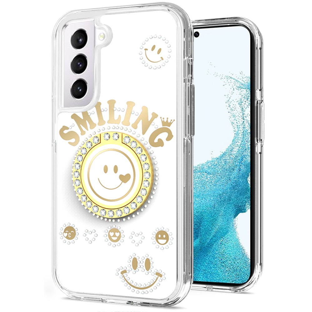 For Samsung Galaxy S22 /Plus Ultra Smiling Glitter Ornament Bling Sparkle with Ring Stand Hybrid Slim TPU + Hard Back Shell  Phone Case Cover