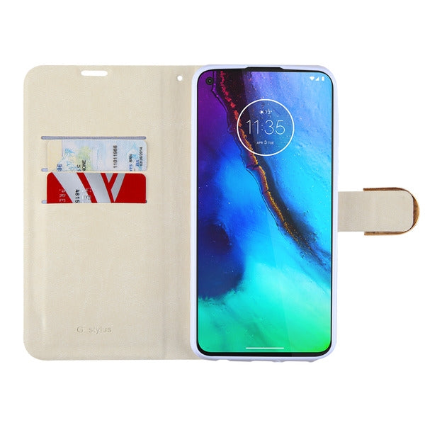 For Motorola Moto G Stylus (2020) Design PU Leather Wallet Diamond Bling with Credit Card Slot Storage Flip Pouch Purple Flowers Phone Case Cover