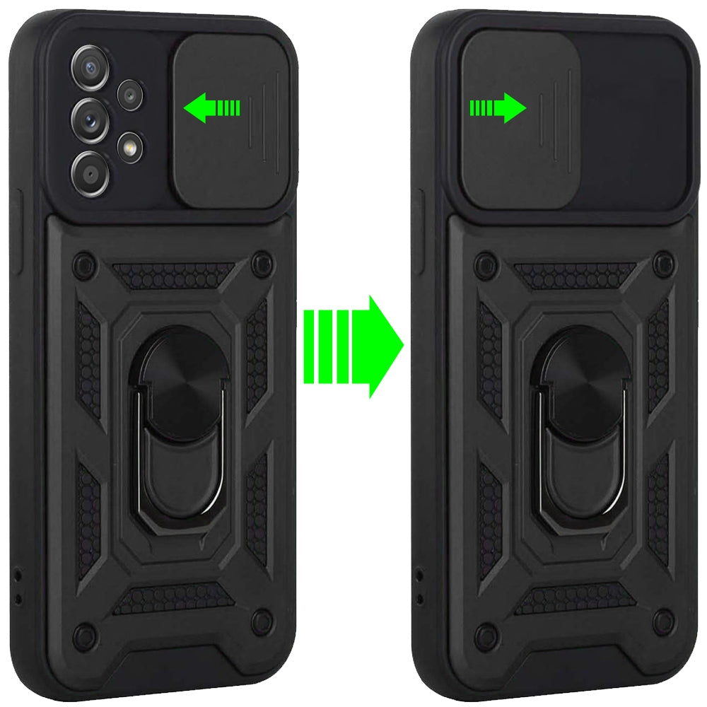 For Samsung Galaxy A73 5G Hybrid Cases with Slide Camera Lens Cover and Ring Holder Kickstand Rugged Dual Layer Heavy Duty  Phone Case Cover