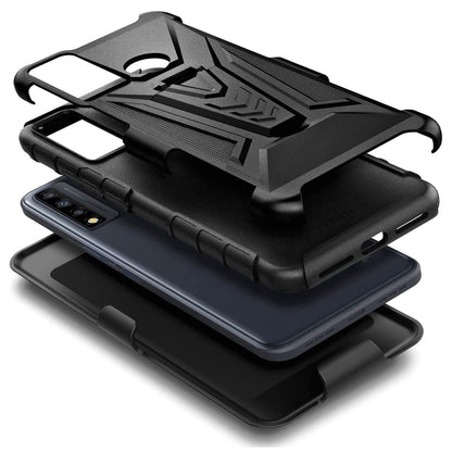 For Samsung Galaxy A13 5G Hybrid Belt Clip Holster with Built-in Kickstand, Heavy Duty Protective Shock Absorption Armor Defender Black Phone Case Cover