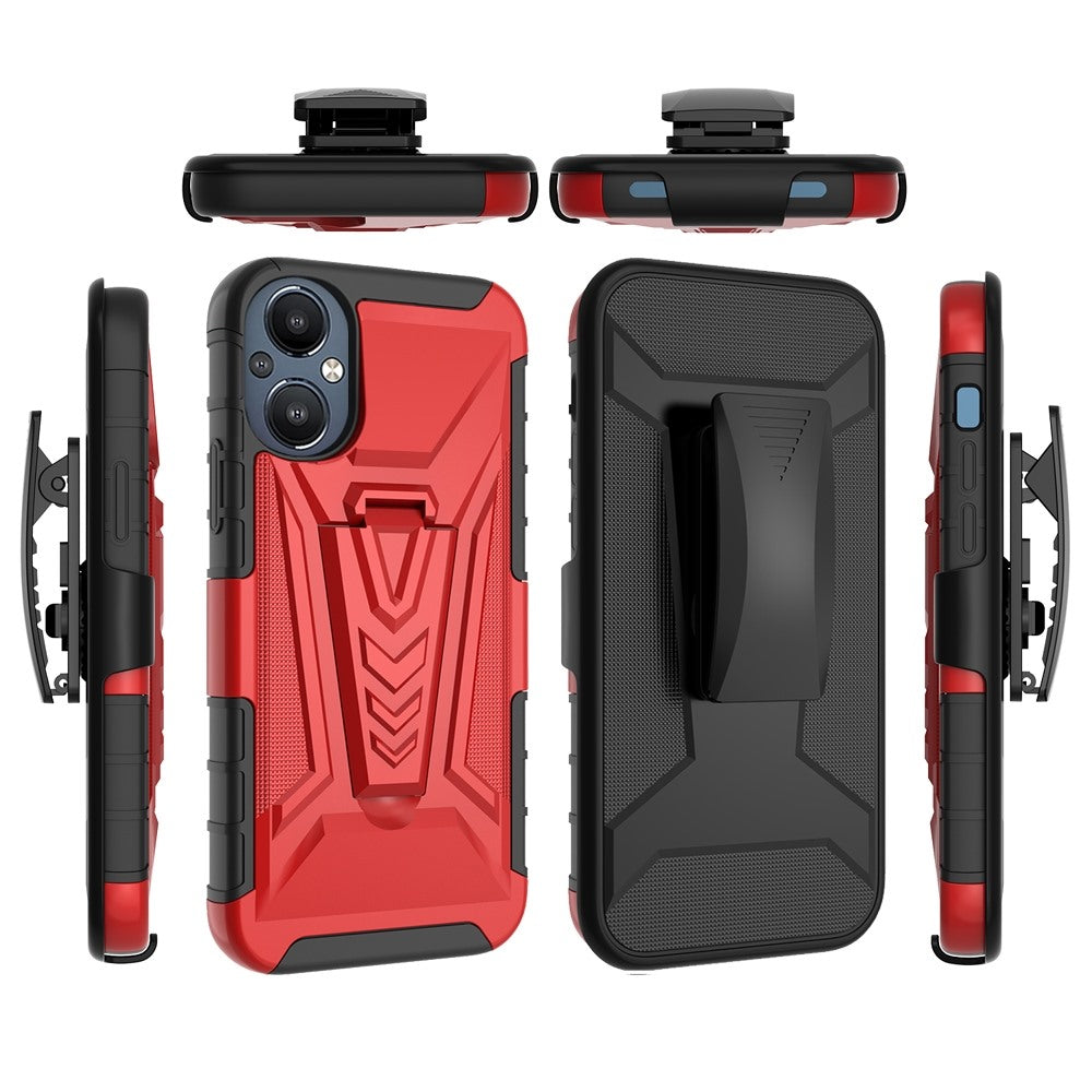 For OnePlus Nord N20 5G 3 in 1 Rugged Swivel Belt Clip Holster Heavy Duty Hybrid Armor Rubber TPU with Kickstand Stand Red Phone Case Cover