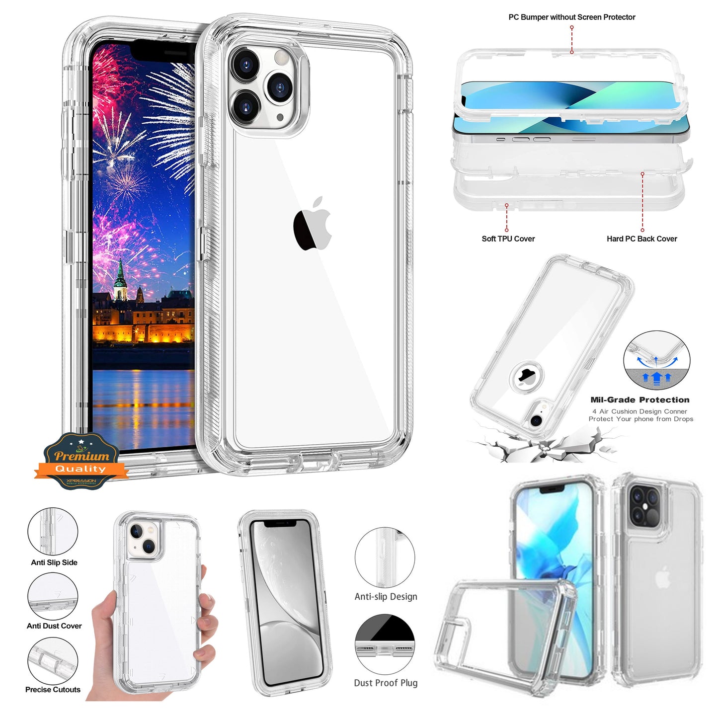 For Boost Mobile Celero 5G Transparent 3 Layer Heavy Duty Rugged Full Body Shockproof Hybrid Hard PC + TPU Bumper Protective  Phone Case Cover