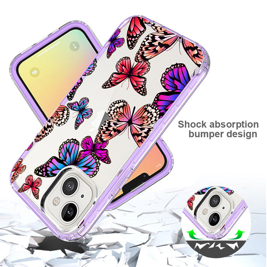 For Apple iPhone 14 Plus (6.7") Beautiful Design 3in1 Hybrid Triple Layer Armor Hard PC Plastic Rubber Frame Purple Butterfly Phone Case Cover