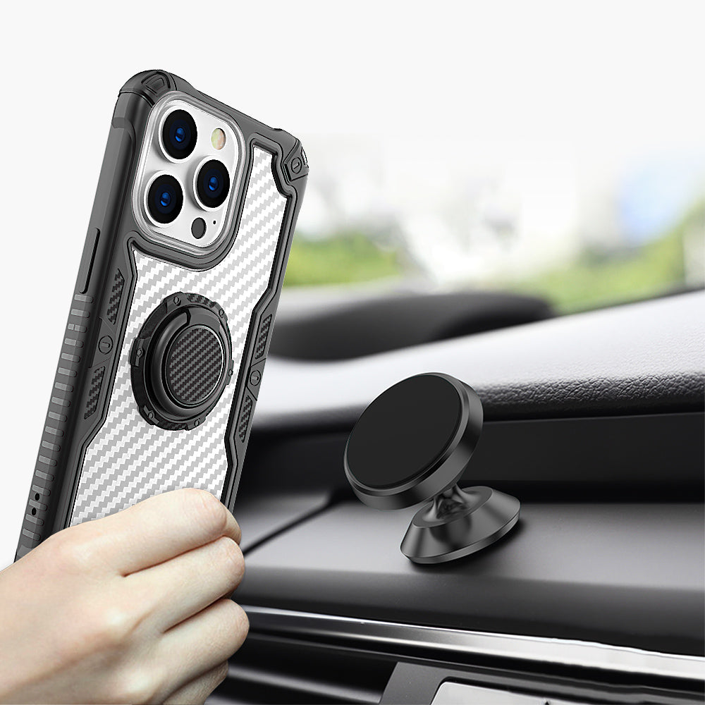 For Apple iPhone 13 /Pro Max Carbon Fiber Design [Military Grade Protection] with Ring Kickstand Shockproof Rugged Protective  Phone Case Cover