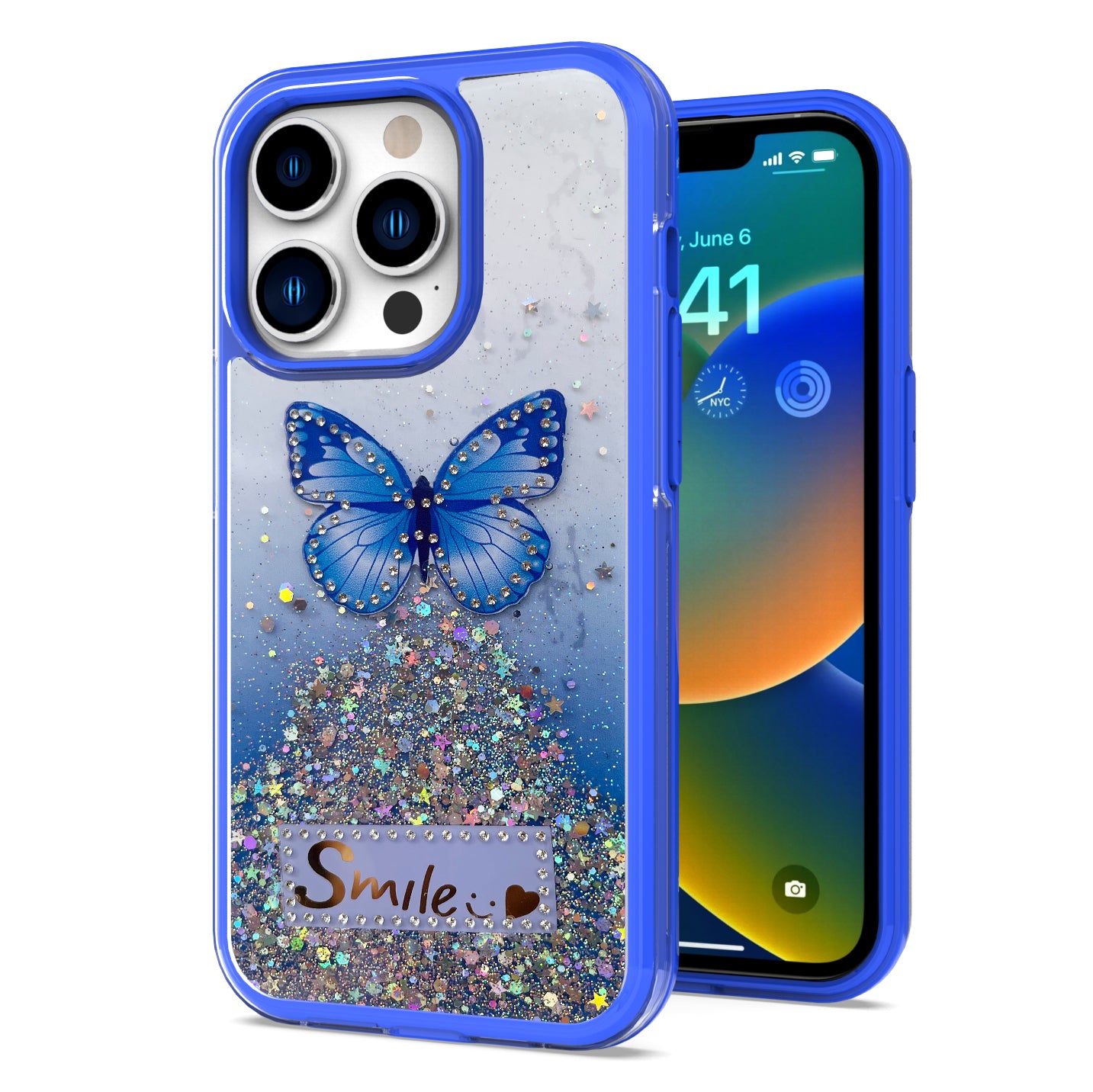 For Apple iPhone 13 /Pro Max Butterfly Smile Glitter Bling Sparkle Epoxy Glittering Shining Hybrid Hard PC TPU Silicone Slim  Phone Case Cover