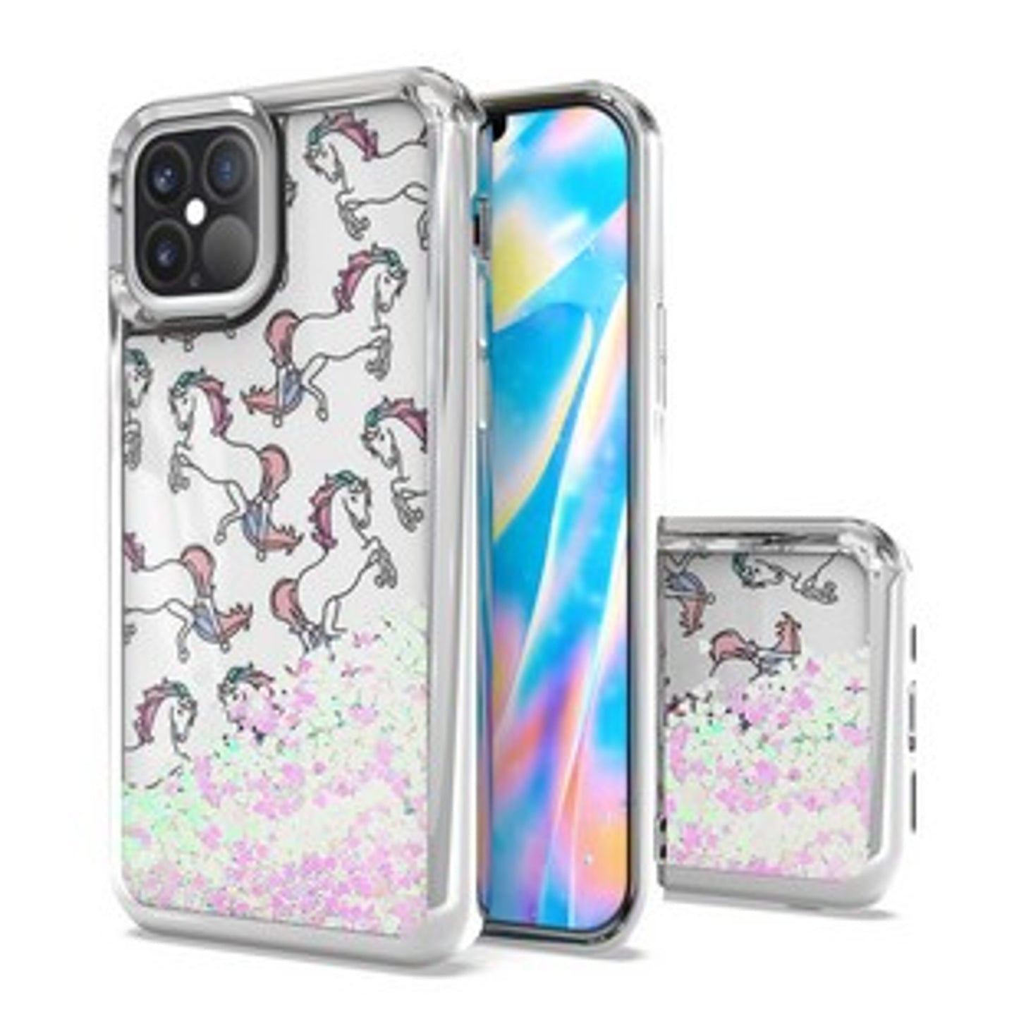 For Apple iPhone 13 Mini (5.4") Pretty Fashion Pattern Plating Design Bling Shiny Moving Glitter Liquid Quicksand TPU Hybrid Rubber  Phone Case Cover