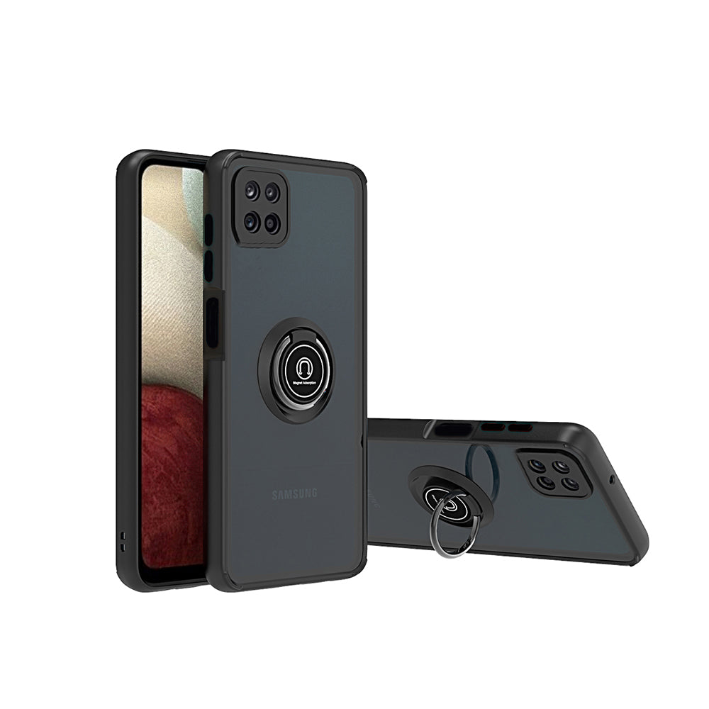 For Boost Mobile Celero 5G Hybrid Frosted Protector Magnetic Ring Holder Stand Kickstand Heavy Duty Rugged 2 in 1 PC + TPU Black Phone Case Cover