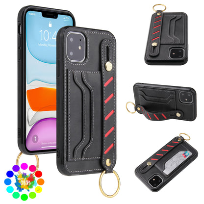 For Apple iPhone 14 /Plus Pro Max Vegan Leather Multi-Functional Credit Cards Slot with Wrist Strap Stand Pocket  Phone Case Cover