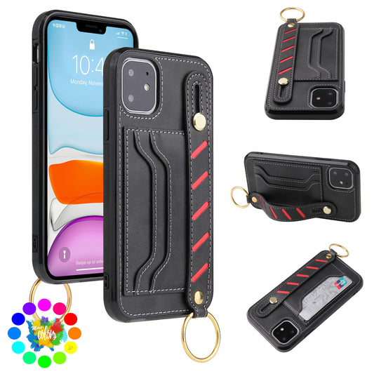 For Apple iPhone 14 /Plus Pro Max Vegan Leather Multi-Functional Credit Cards Slot with Wrist Strap Stand Pocket  Phone Case Cover