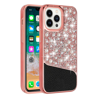 For Apple iPhone 13 Pro Max (6.7") Bling Pearl Diamonds Design Glitter Hybrid Hard TPU Shiny Protective Rubber Frame  Phone Case Cover