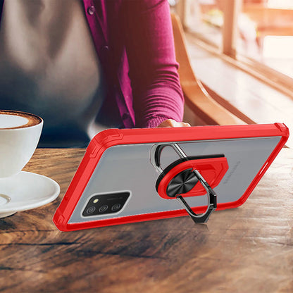 For Samsung Galaxy A02S Clear Silicone Shockproof Tuff Hybrid Protection Cover Transparent TPU with Magnetic Ring Kickstand Red Phone Case Cover