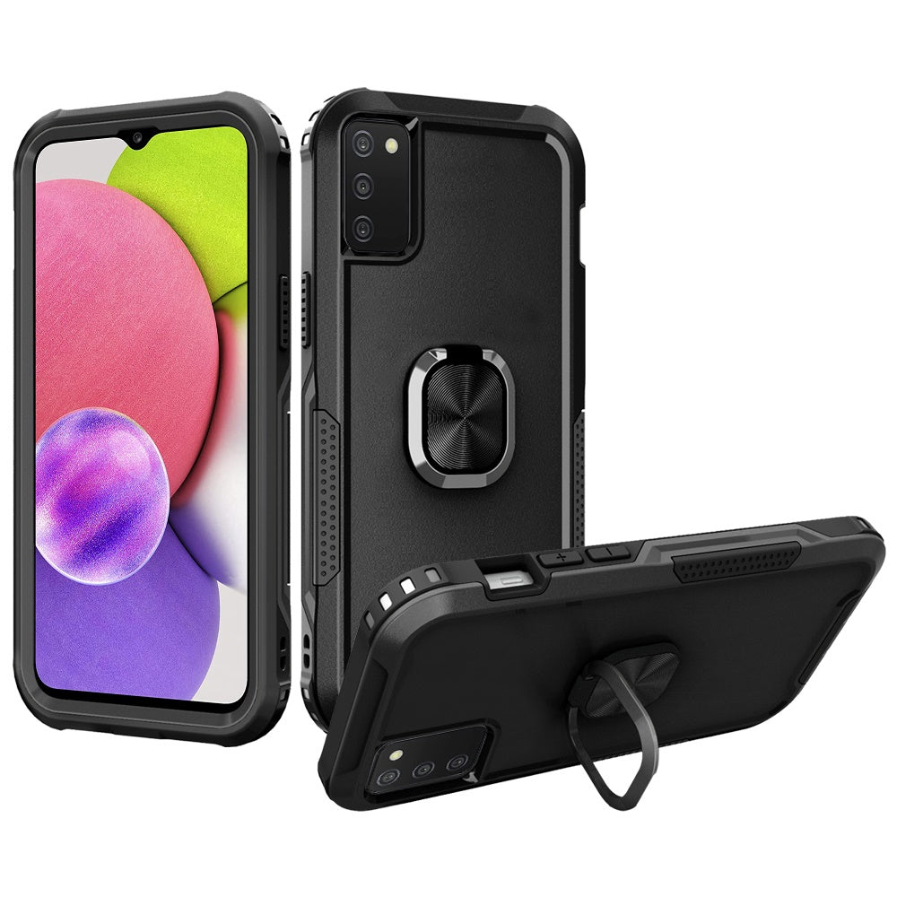 For Samsung Galaxy A03S Heavy Duty 3in1 Magnetic Ring Kickstand Stand Hybrid Shockproof Military-Grade Drop Protection Black Phone Case Cover
